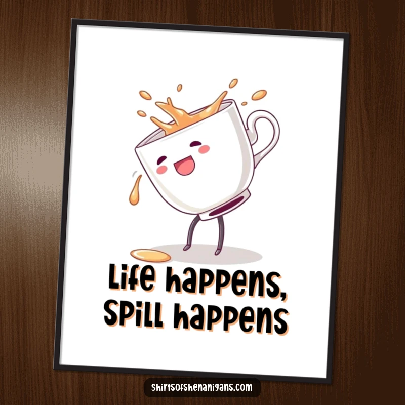 Funny free printable wall art of a clumsy teacup spilling its contents while doing a cartwheel, a quirky decor piece.