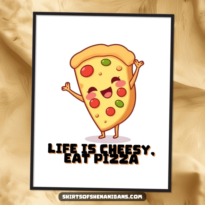Funny Free Printable Wall Art: Smiling pizza slice performing an energetic cartwheel, adding a playful and delicious touch to your decor.