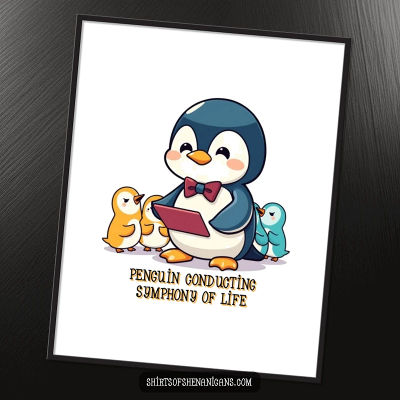 Funny Free Printable Wall Art depicting a penguin in a bowtie humorously attempting to conduct an orchestra of squeaks with great passion.