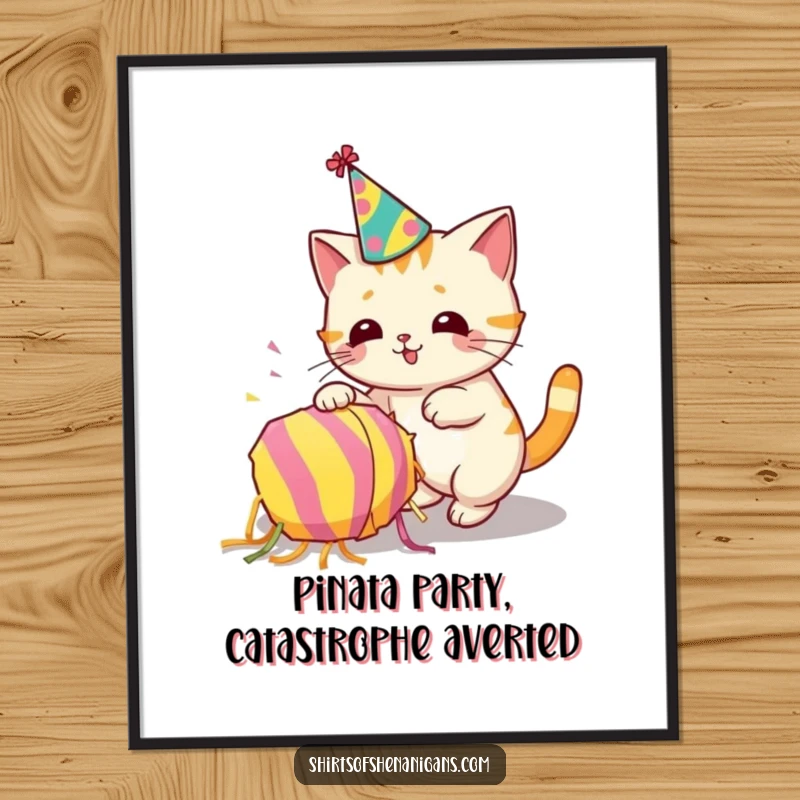 Funny free printable wall art of a cat wearing a party hat joyfully knocking over a piñata, creating a festive mess.