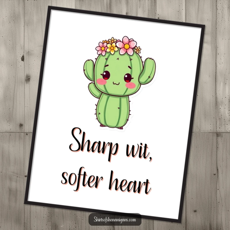 Funny Free Printable Wall Art: Awkward cactus wearing a tiny flower crown, posing with endearing clumsiness.