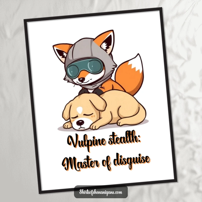 Funny Free Printable Wall Art: A fox in a comical disguise attempts to sneak past a dog, adding humor to any room.