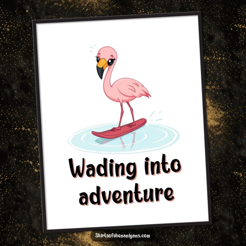 Funny Free Printable Wall Art: Startled flamingo cross-eyed water skiing on a puddle, hilarious wall decor, perfect for DIY.