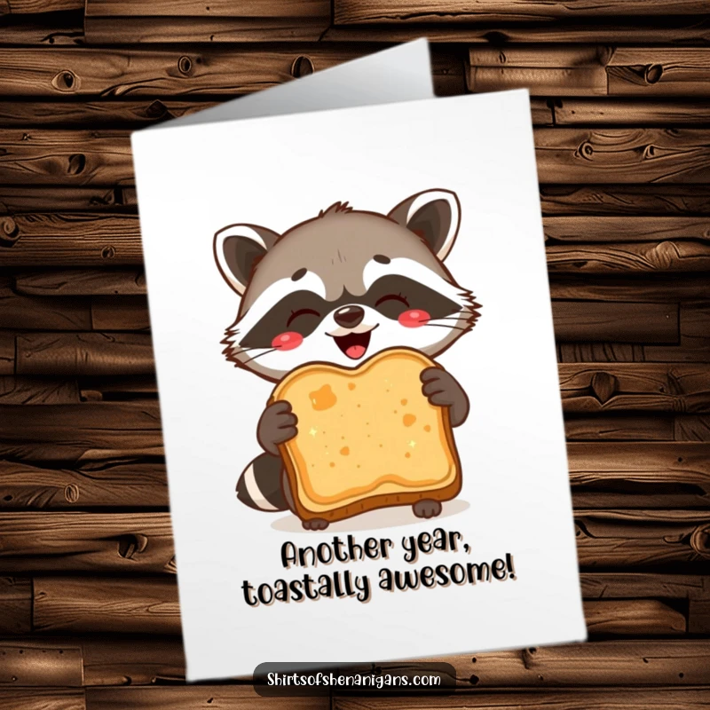Funny Free Printable Birthday Card: Delighted raccoon proudly holds up a burnt slice of toast, a culinary win.