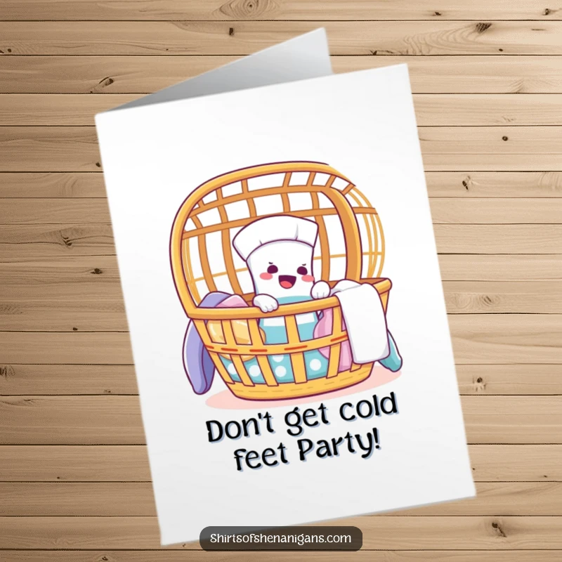 Funny Free Printable Birthday Card: Giggling sock humorously tries to escape a laundry basket, ready for a party.