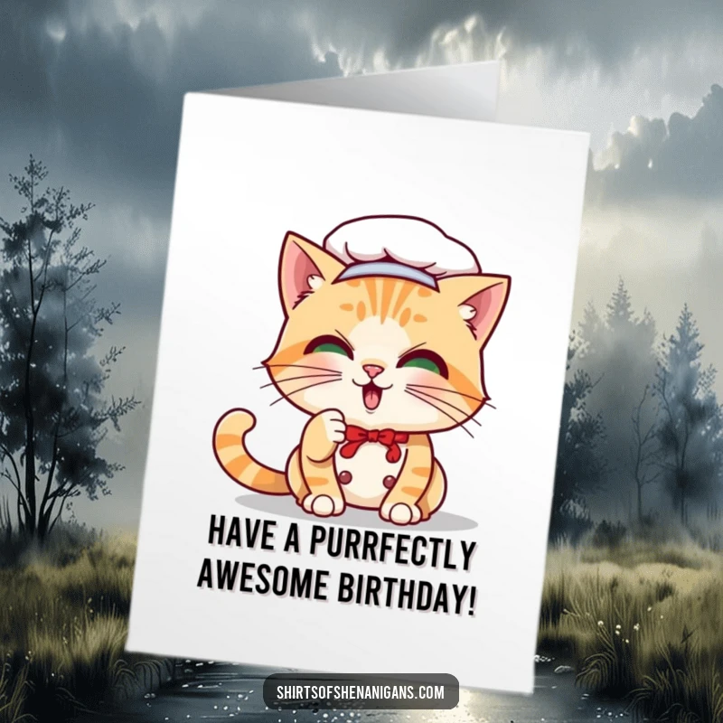 Funny Free Printable Birthday Card showing a playful cat chef batting comically at its own dangling whisker, mid-creation.