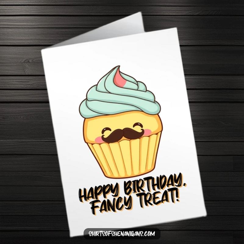 Funny free printable birthday card of a giggling cupcake frosting a mustache onto itself, a whimsical and sweet design.