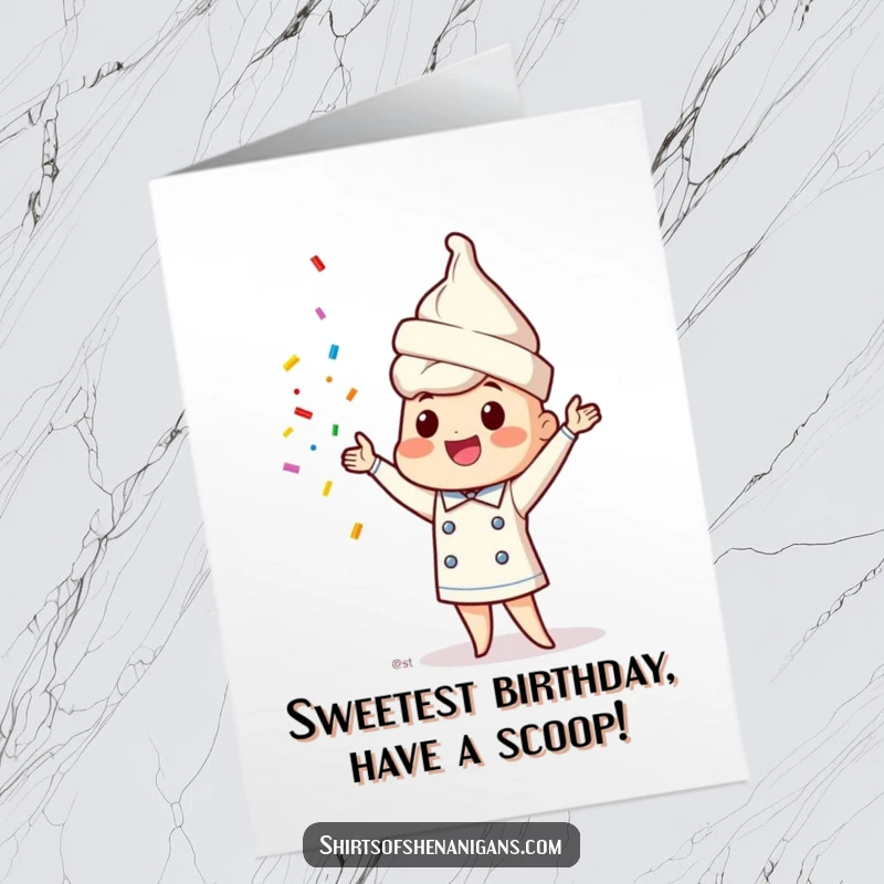 Funny Free Printable Birthday Card showcasing a happy ice cream cone chef skillfully juggling colorful sprinkles, perfect for a sweet celebration.