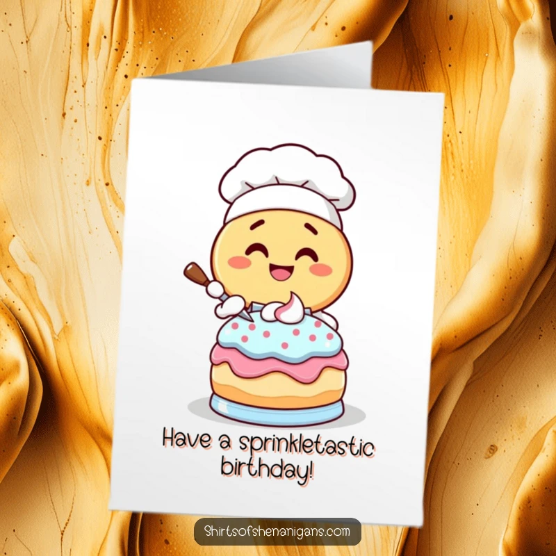Funny Free Printable Birthday Card featuring a giggling donut chef gleefully frosting a cake with messy, joyful abandon.