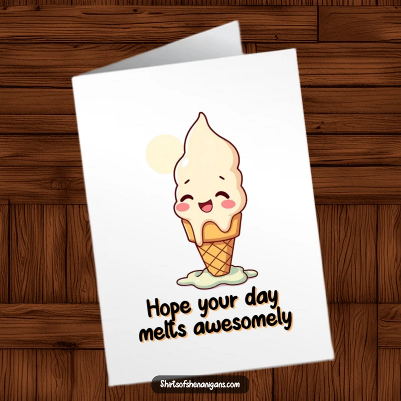 Funny Free Printable Birthday Card: A giggling ice cream cone melting dramatically under the sun, celebrating.