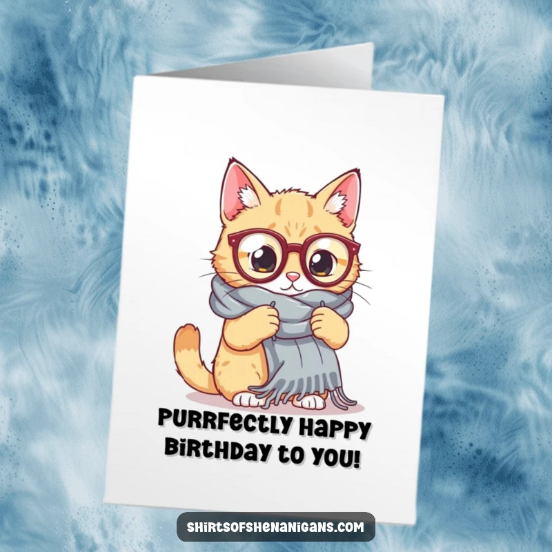 Funny free printable birthday card showing a cat with oversized glasses attempting to knit a comically giant scarf.