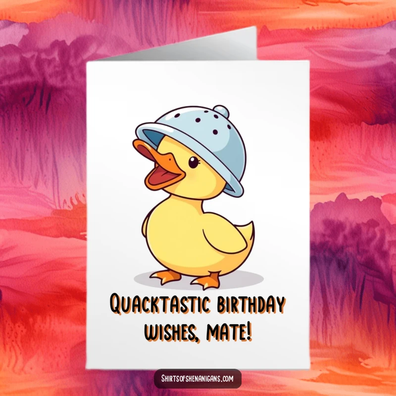 Funny Free Printable Birthday Card: A duck humorously wearing a colander hat, quacking with joy, ready to wish happy birthday.