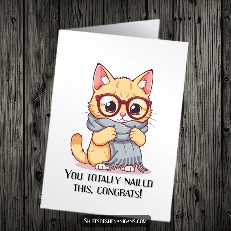 Funny free printable congratulations card of a cat in big glasses knitting a ridiculously long scarf representing achievement.