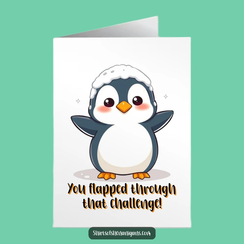 Free Printable Congrats Card: Confused Flour Penguin Baking Blunder Funny Downloadable Gift