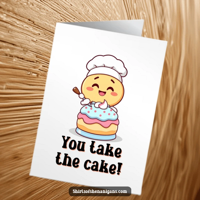 Funny Free Printable Congrats Card of a giggling donut chef enthusiastically frosting a cake, celebrating a sweet accomplishment.