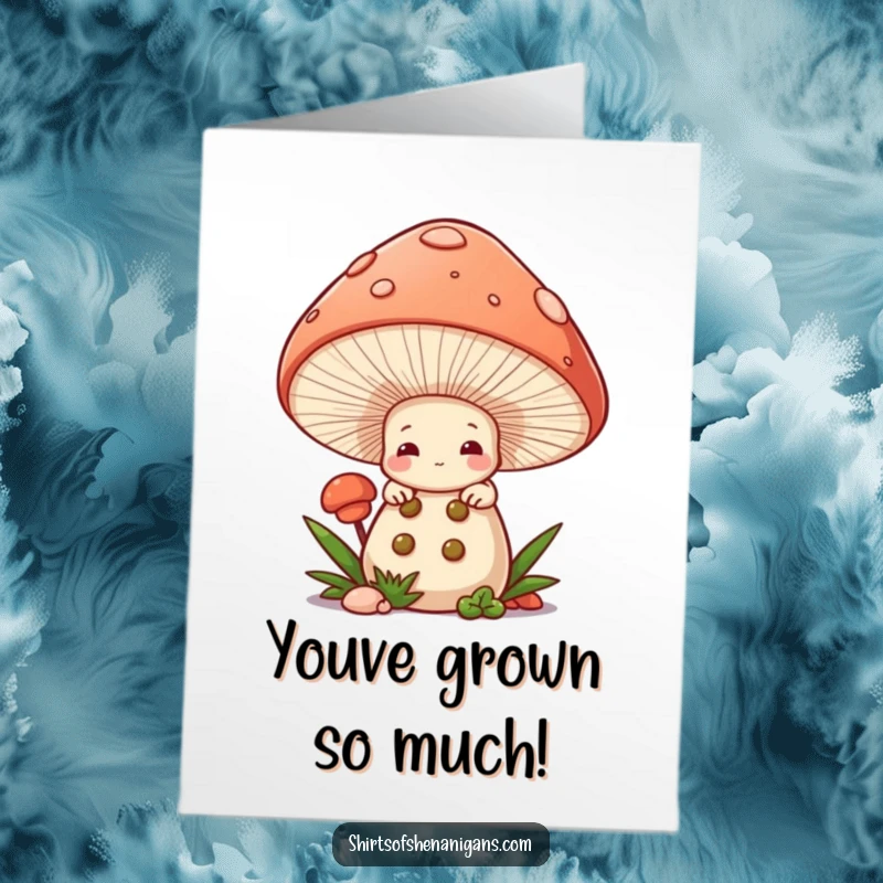 Funny Free Printable Congrats Card of a shy mushroom chef peeking from a cap, celebrating a quiet victory.