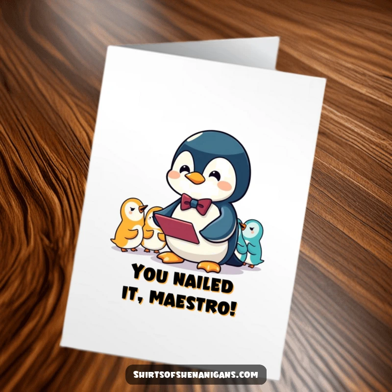 Funny Free Printable Congratulations Card showing a penguin in a bowtie conducting an orchestra of squeaks to celebrate an accomplishment.