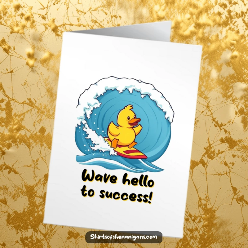 Funny free printable congratulations card showing a rubber duck triumphantly surfing a giant wave, symbolizing conquering challenges.