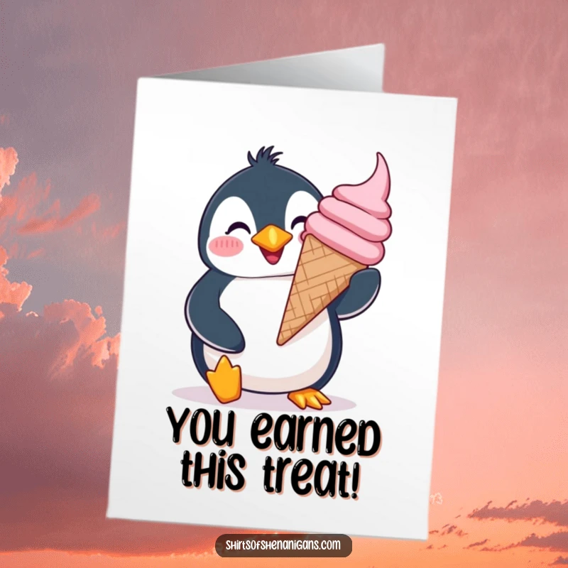 Free Printable Congratulations Card: Giddy penguin with a silly grin holding ice cream, perfect for heartfelt congrats, DIY.