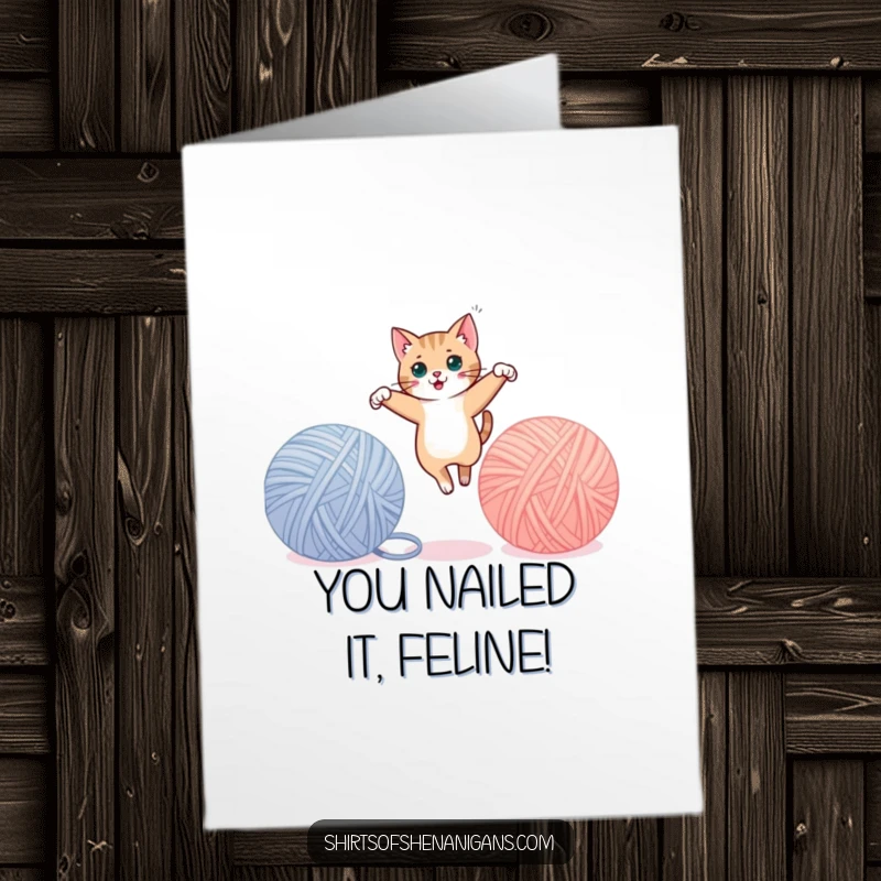 Funny Free Printable Congratulations Card: Cat elegantly jumps between yarn balls, symbolizing a successful leap forward.