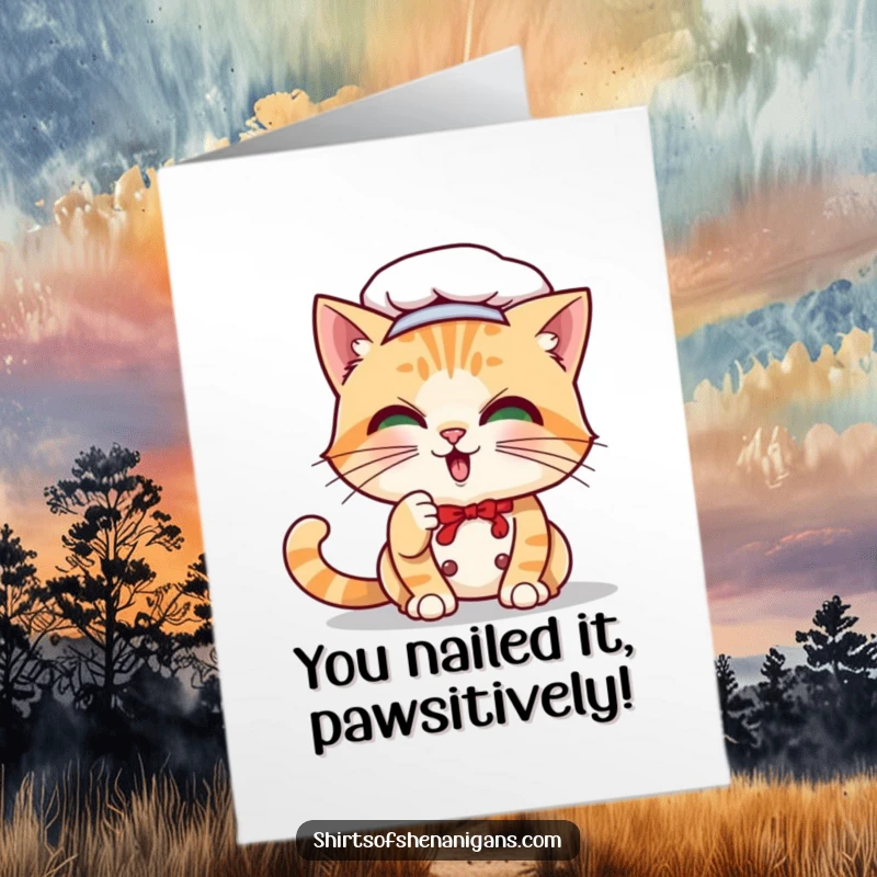 Funny Free Printable Congrats Card of a playful cat chef distracted by its whisker, celebrating a win with feline flair.