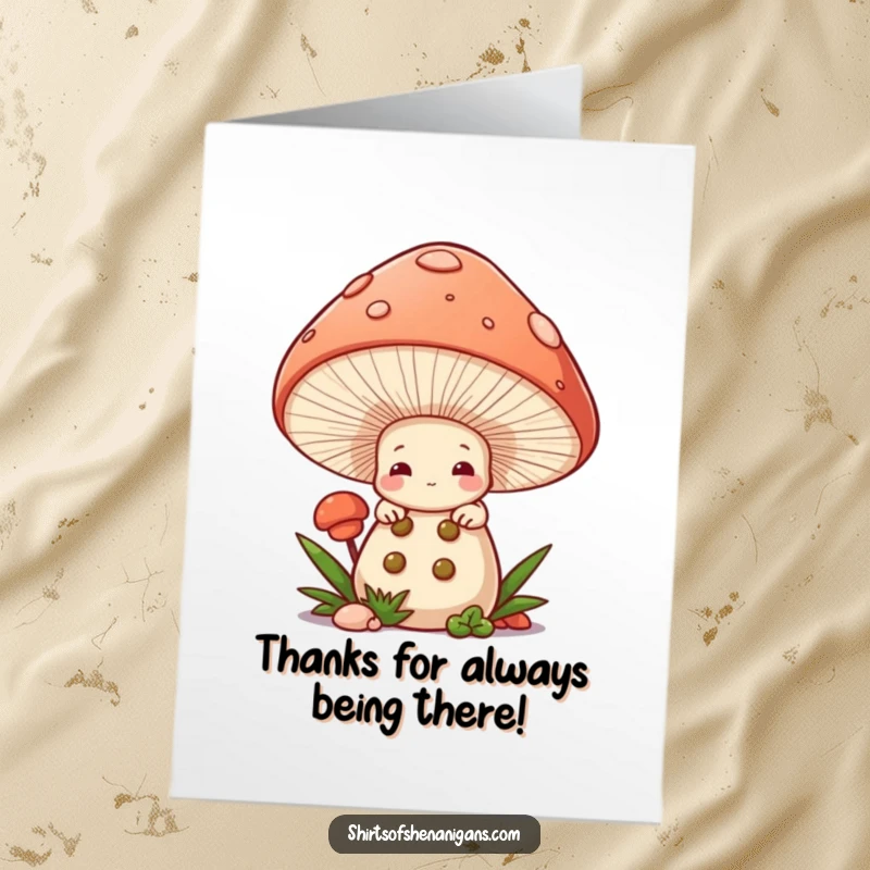 Funny Free Printable Thank You Card of a shy mushroom chef peeking from a giant cap, offering gentle thanks.