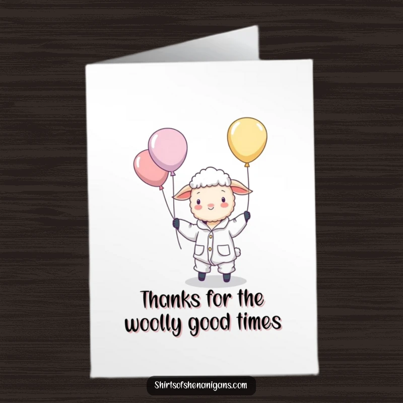 Funny Free Printable Thank You Card: A sheep in pajamas humorously rounds up floating balloons to say thank you.