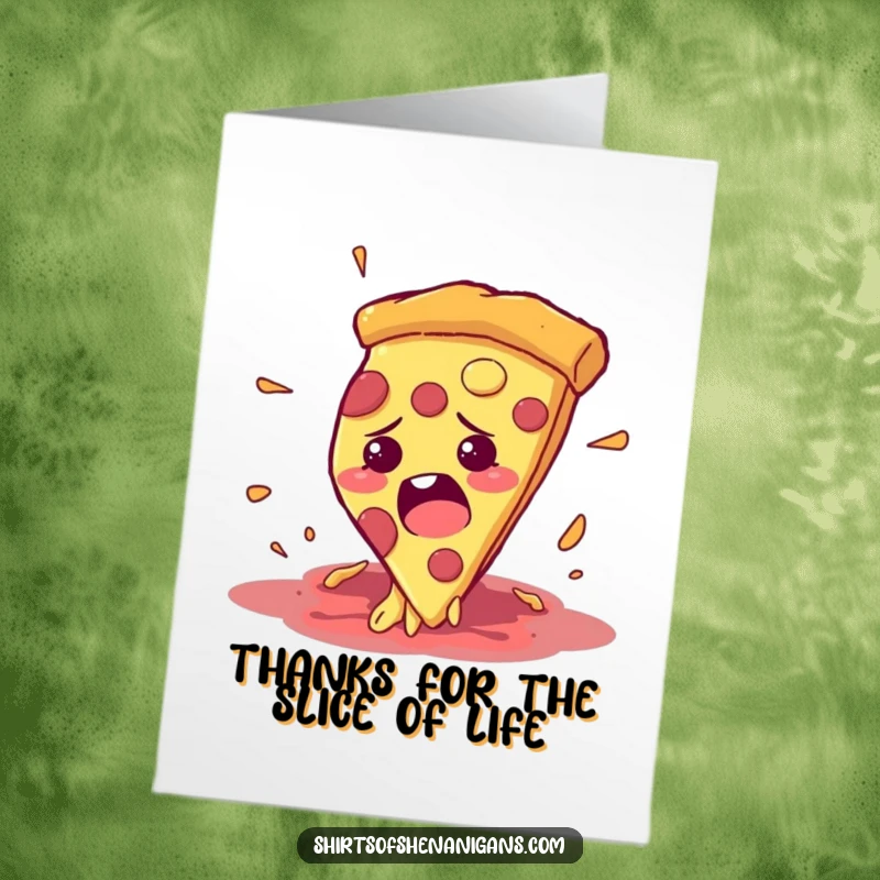 Funny Free Printable Thank You Card: A pizza slice making a getaway from a hungry mouth, offering thanks.