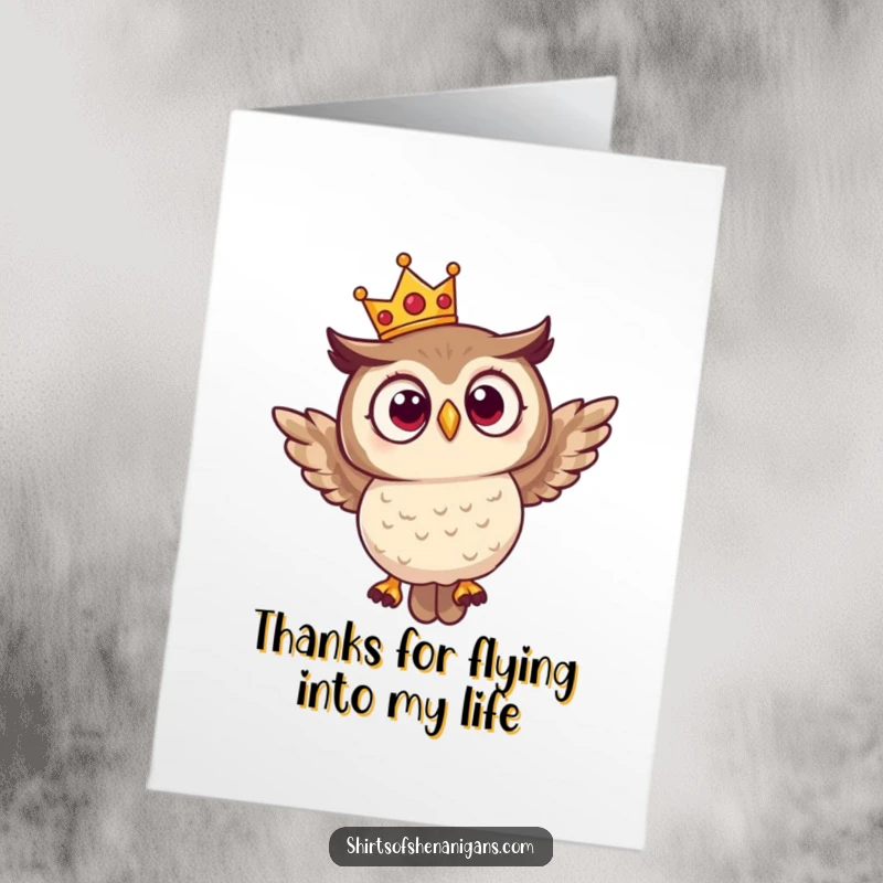 Funny Free Printable Thank You Card: A shocked owl wearing a crown flies, offering a unique way to say thanks.