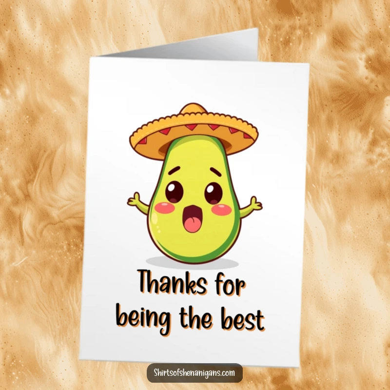Funny Free Printable Thank You Card: A surprised avocado in a tiny sombrero, offering a funny and festive way to say thank you.