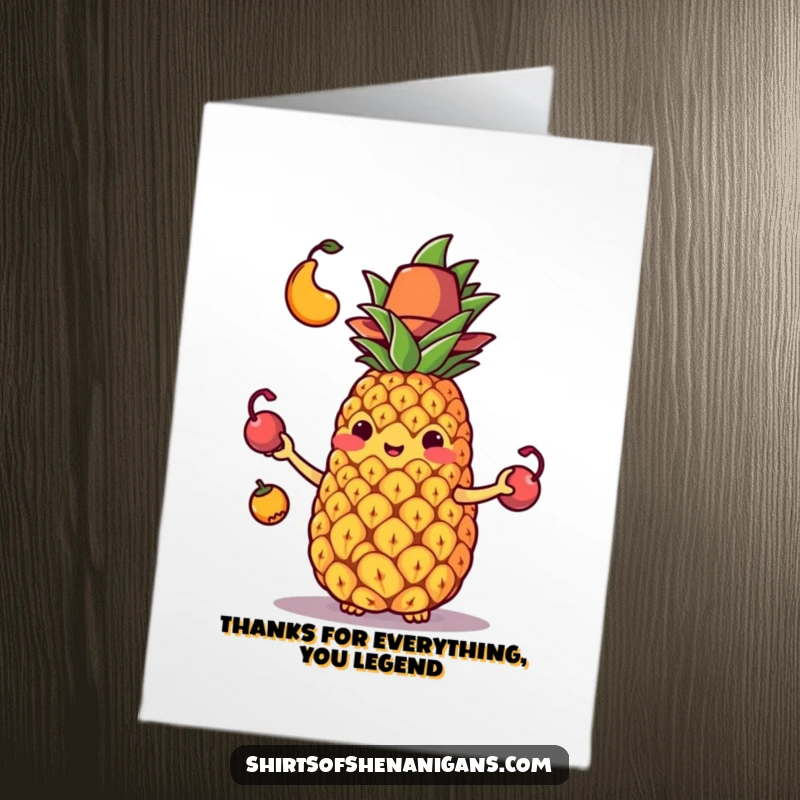 Funny Free Printable Thank You Card: Juggling pineapple in hat drops fruit, expressing thanks with a comical mishap.