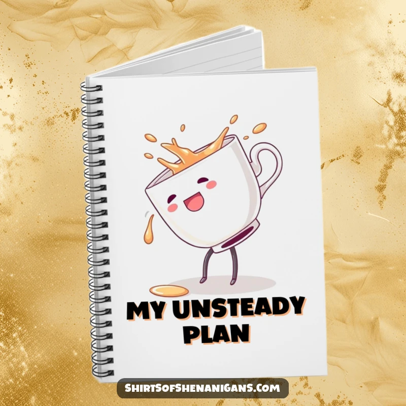 Funny notebook featuring a teacup doing a cartwheel and spilling, perfect for notes and energetic brainstorming.