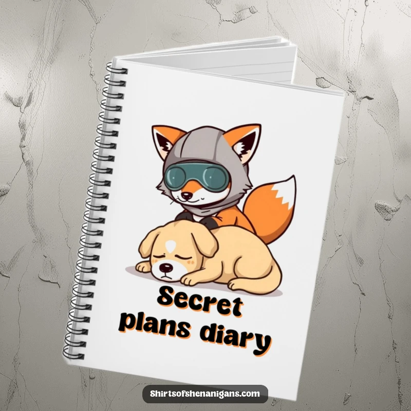Funny notebook cover with a fox in a disguise, attempting to sneak past a sleeping dog, for humorous note-taking.