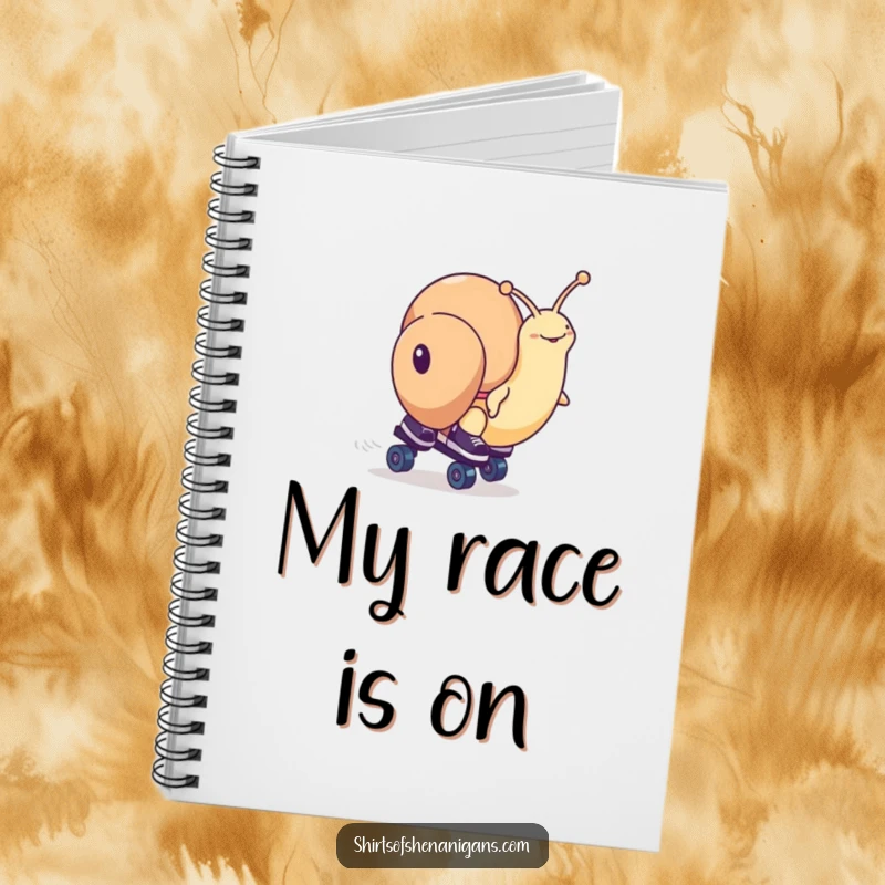 Funny snail character on roller skates, in a determined race posture, on the cover of a notebook for humorous note-taking.