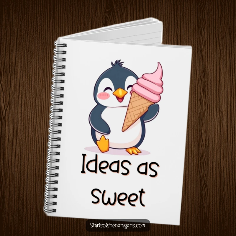 Funny giddy penguin notebook, joyfully balancing a giant ice cream cone with a silly grin, for writing happy thoughts.
