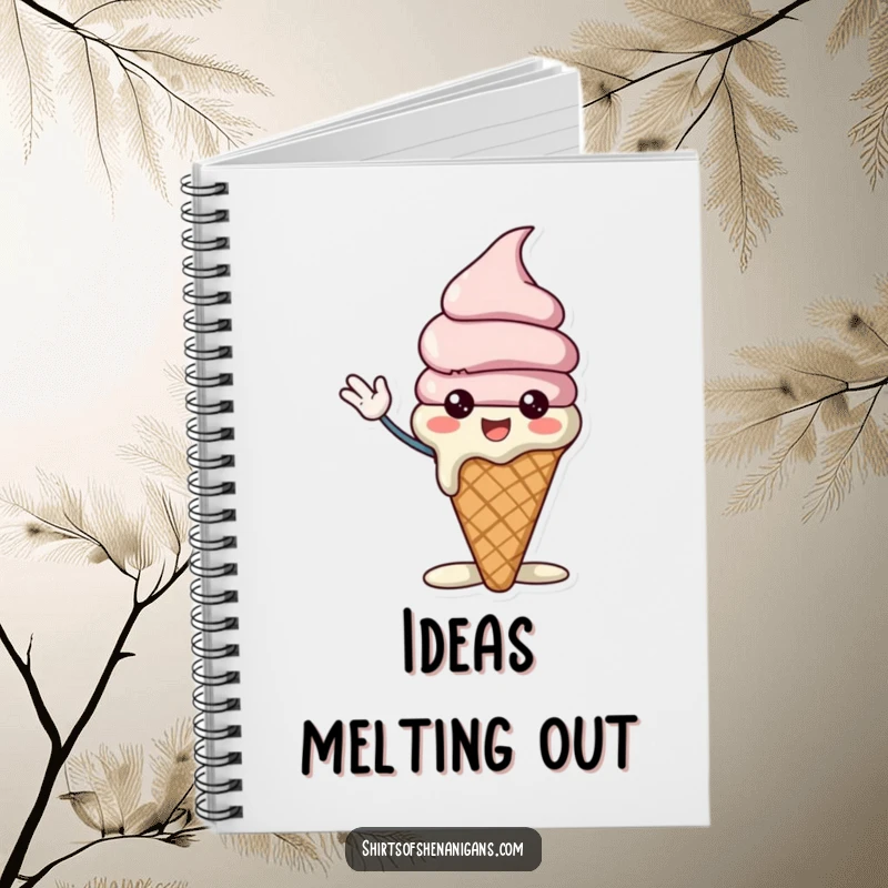 Funny ice cream cone notebook featuring a cheerful character slightly melting while waving excitedly, perfect for notes and creative writing.