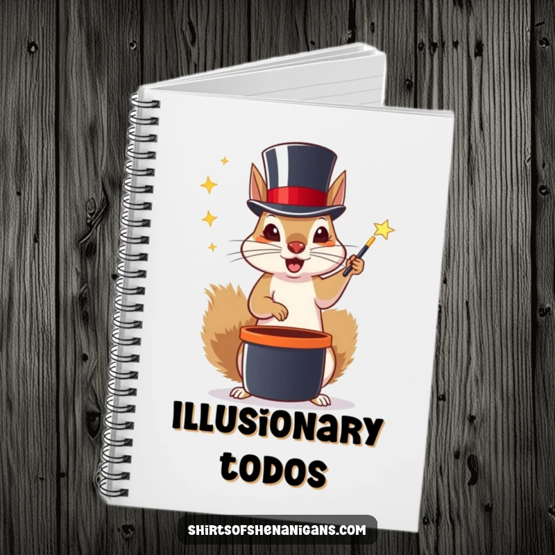 Funny notebook with a squirrel wearing a top hat performing magic tricks, inspiring creative writing and ideas.