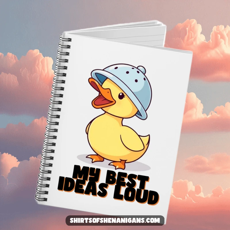 Funny notebook: A duck wearing a colander hat, quacking loudly, inspiring creativity and laughter for note-taking.