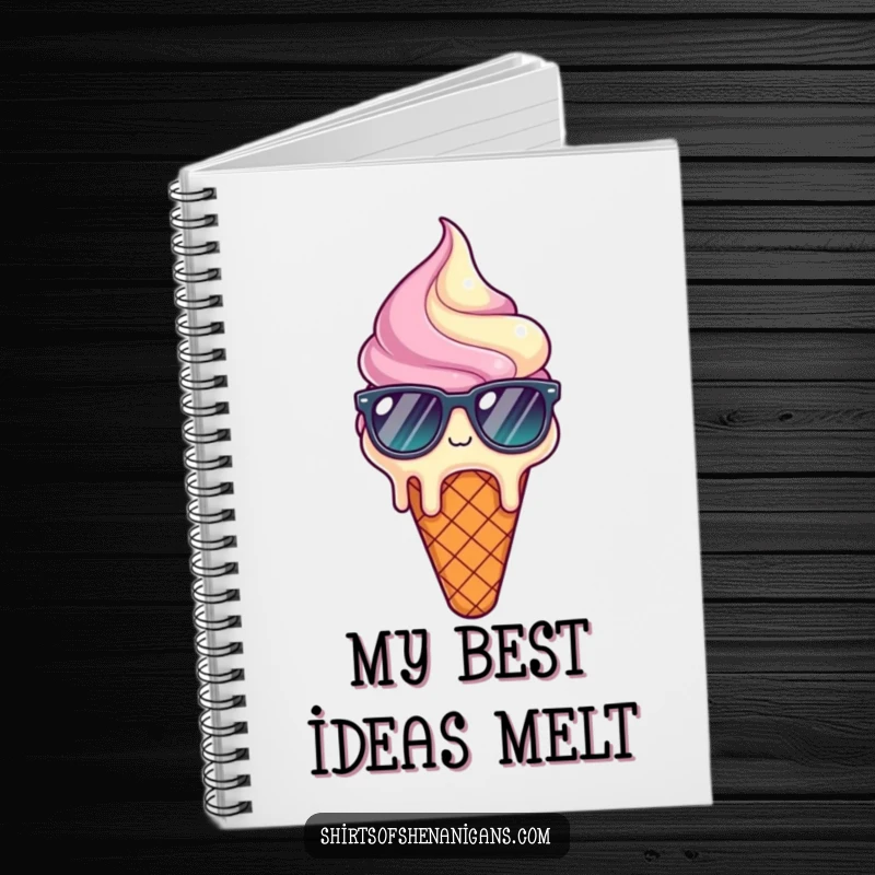 Funny notebook cover with a melting ice cream cone wearing sunglasses, looking relieved and relaxed.
