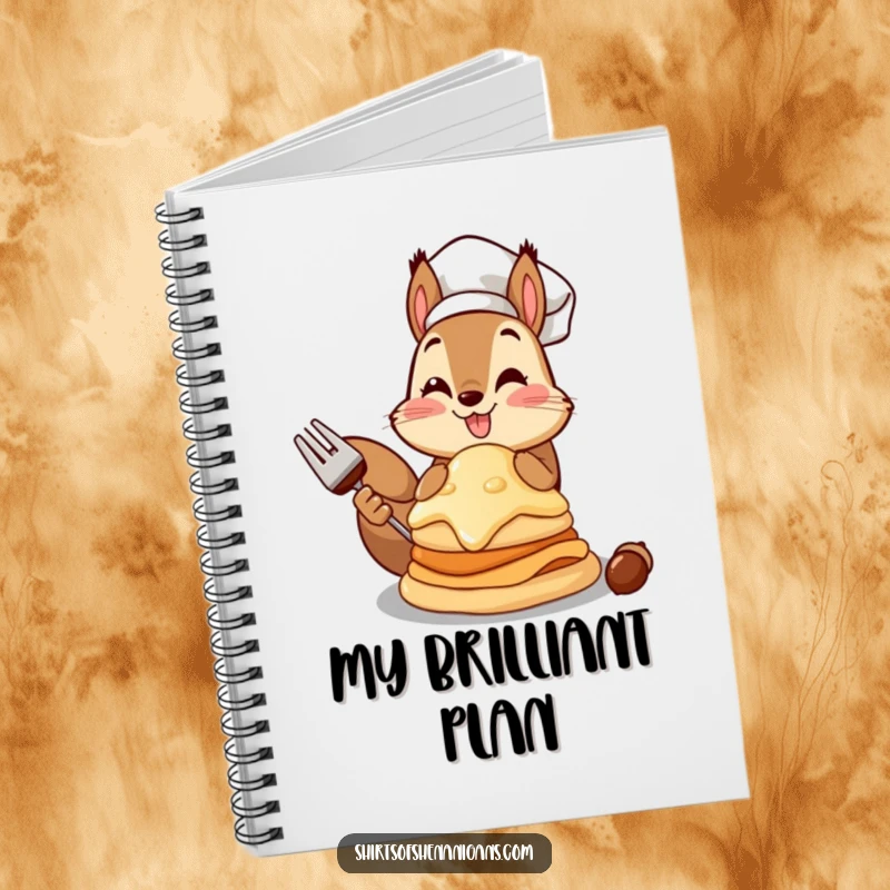 Funny squirrel chef notebook featuring a squirrel with a giant acorn pancake, perfect for jotting notes.