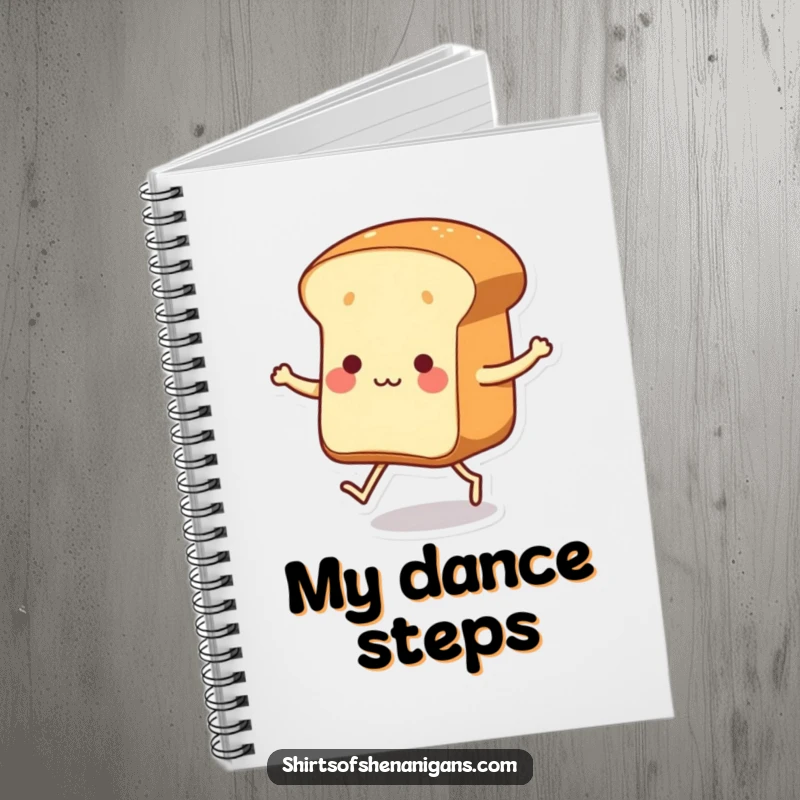 Funny dancing loaf of bread with tiny legs tapping its feet on a notebook cover, perfect for notes and doodles.
