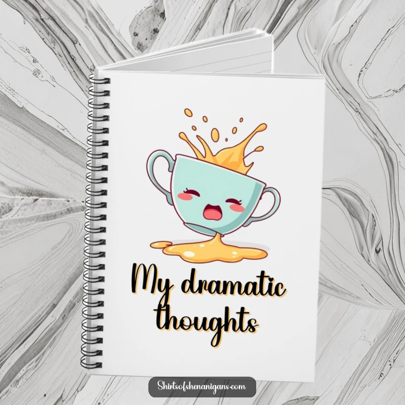 Funny notebook cover with a startled teacup dramatically spilling its contents.
