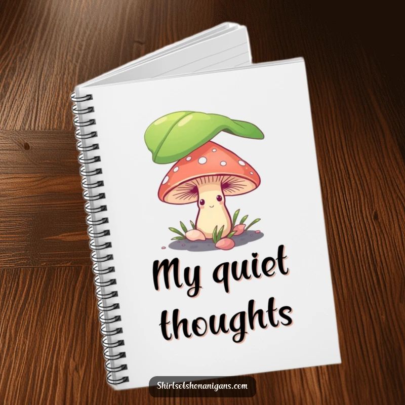 Funny shy mushroom hiding under a leaf on a notebook cover, ideal for jotting down ideas with a humorous touch.