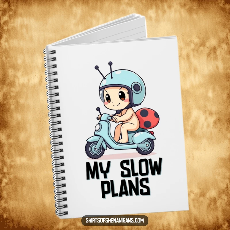 Funny snail notebook featuring a determined snail wearing a tiny helmet, racing a ladybug scooter, perfect for notes and planning.