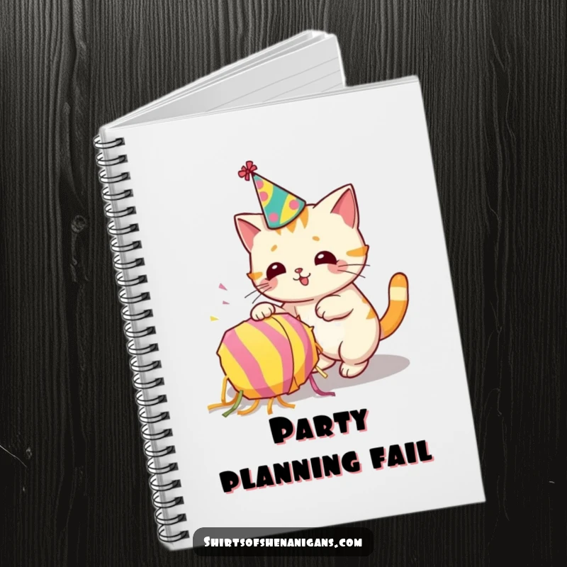 Funny notebook cover with a cat wearing a party hat and knocking over a piñata, party planning humor.