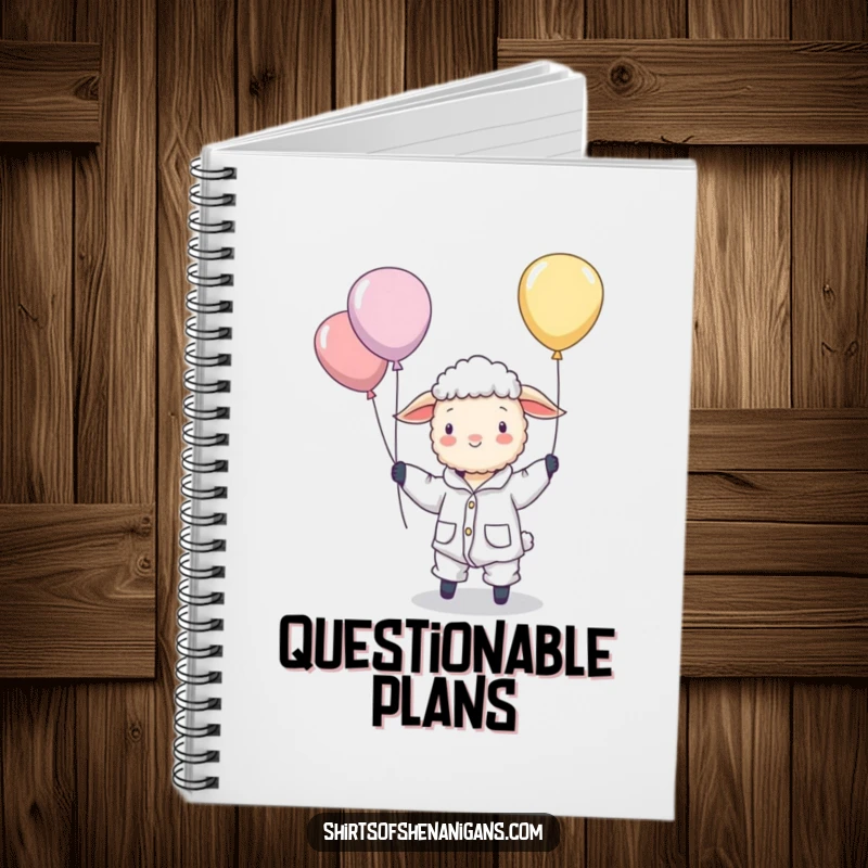 Funny notebook featuring a sheep in pajamas comically herding floating balloons, ideal for capturing whimsical thoughts and ideas.