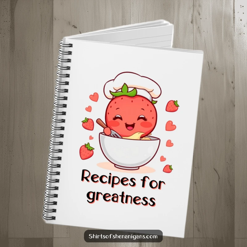 Funny Strawberry Chef Notebook: Cheerful strawberry character mixing batter, ideal for jotting notes and recipes.