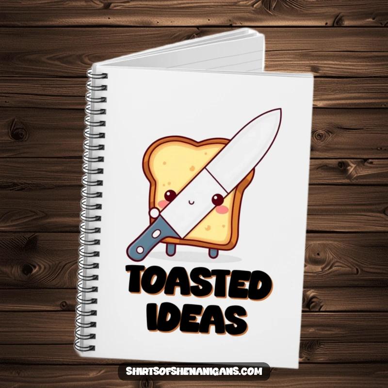 Funny shy toast notebook, peeking from behind a large butter knife, for jotting down cute breakfast thoughts.