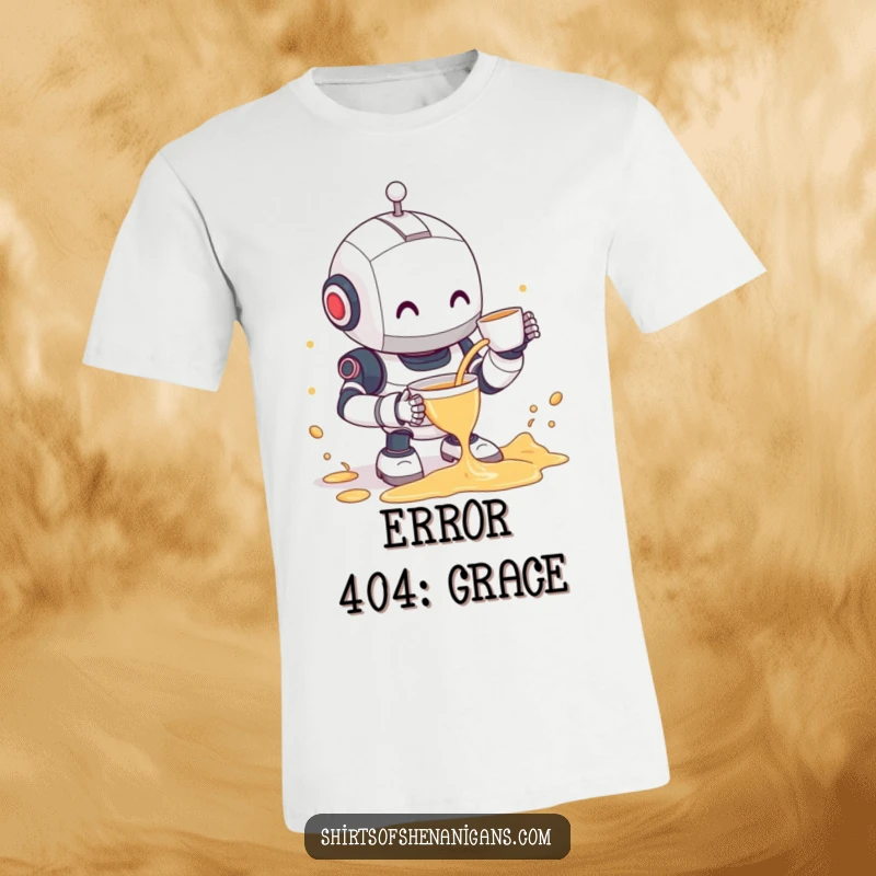 Funny robot t-shirt featuring a clumsy robot spilling tea while attempting to serve, with a shy smile, ideal for humor enthusiasts.