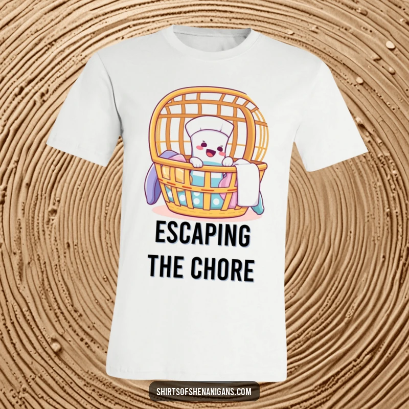 Funny T-Shirt showing a giggling sock attempting a comical escape from a laundry basket.